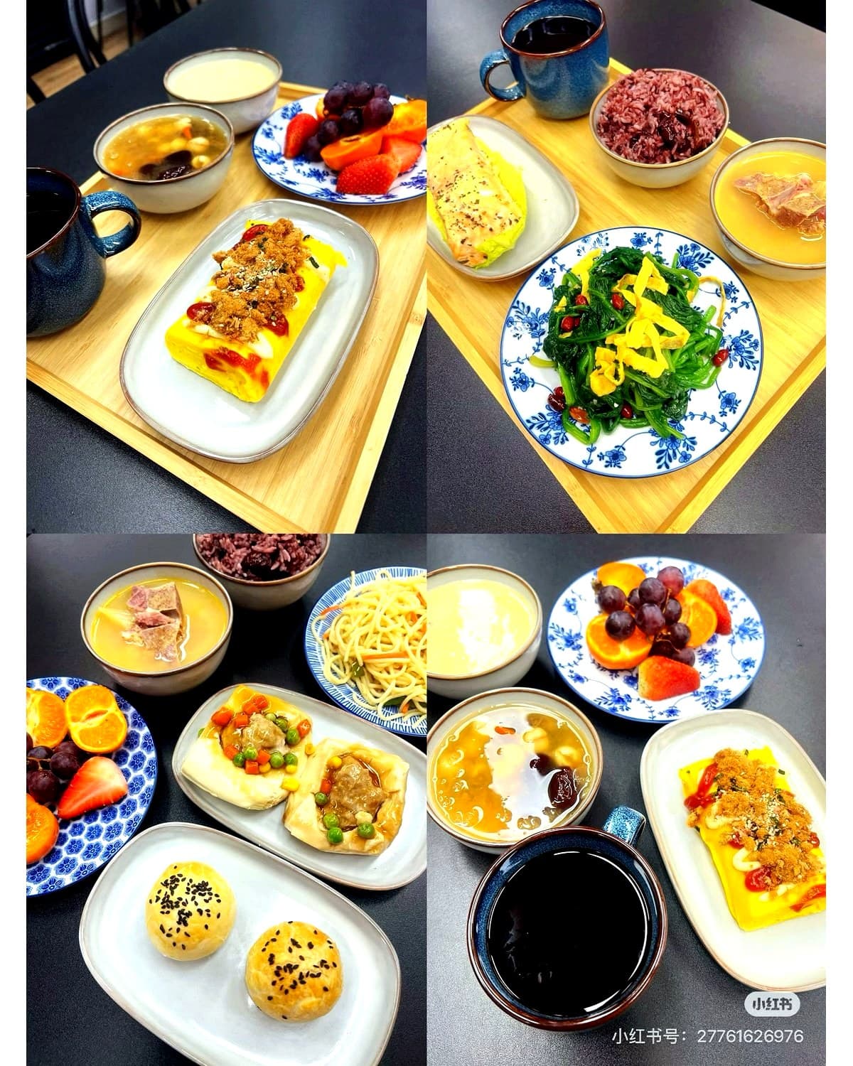 加华月子餐每日餐食组合,包含正餐、汤品、水果和点心